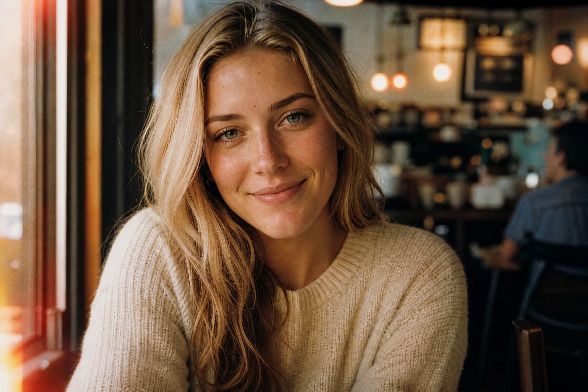 Before and after comparison of 35mm film grain portrait with Kodak Portra analog aesthetic - after