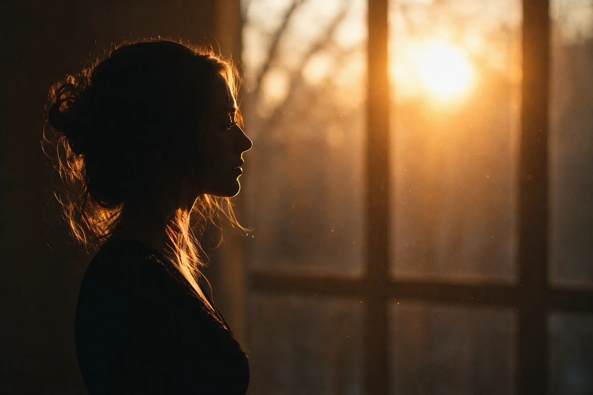 Before and after comparison of cinematic backlit silhouette portrait with golden rim lighting - after