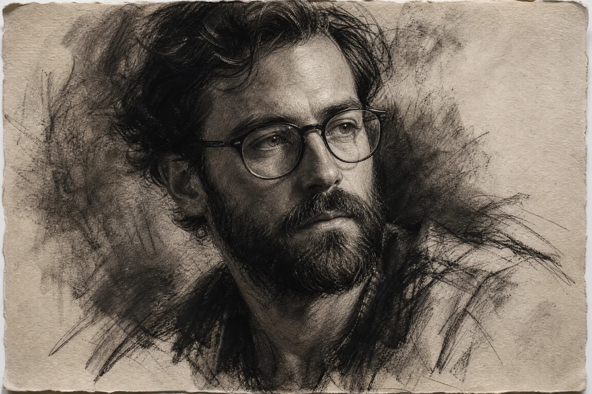 Before and after comparison of charcoal sketch portrait with dramatic chiaroscuro and visible paper grain - after