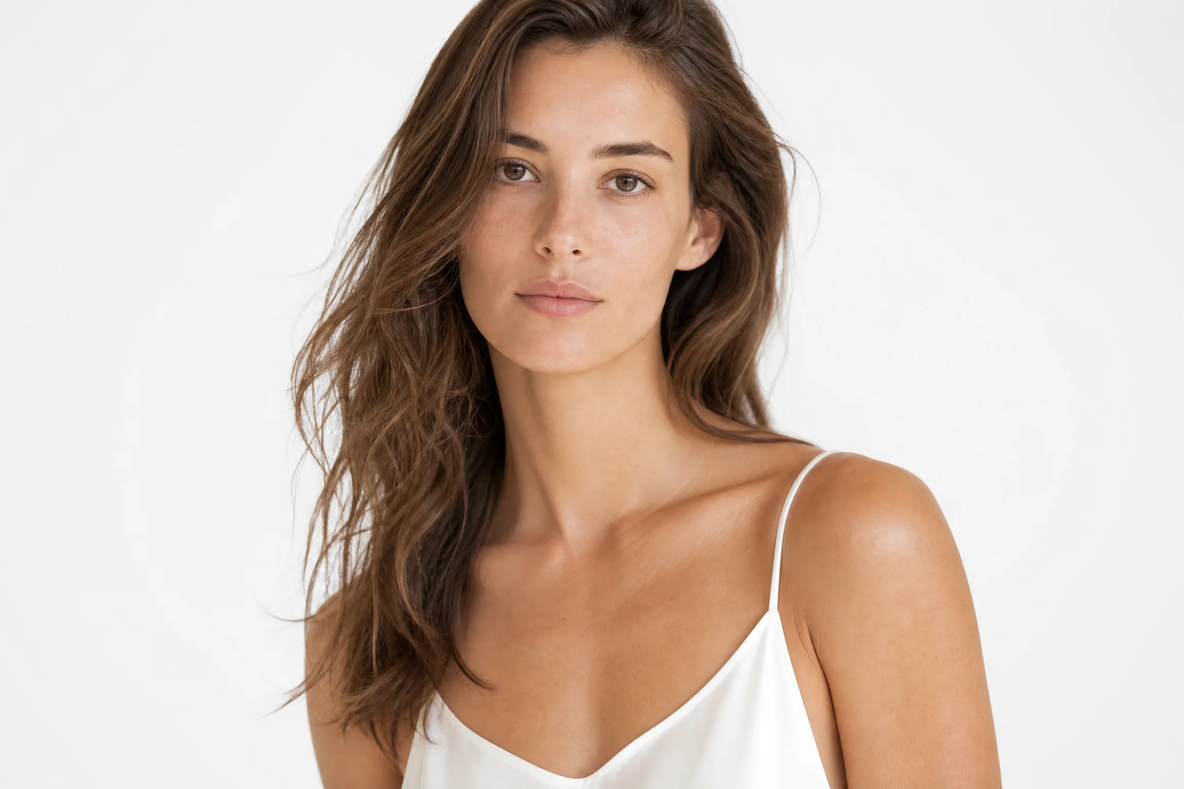 Before and after comparison of minimalist fashion editorial portrait with clean beauty dish lighting - after
