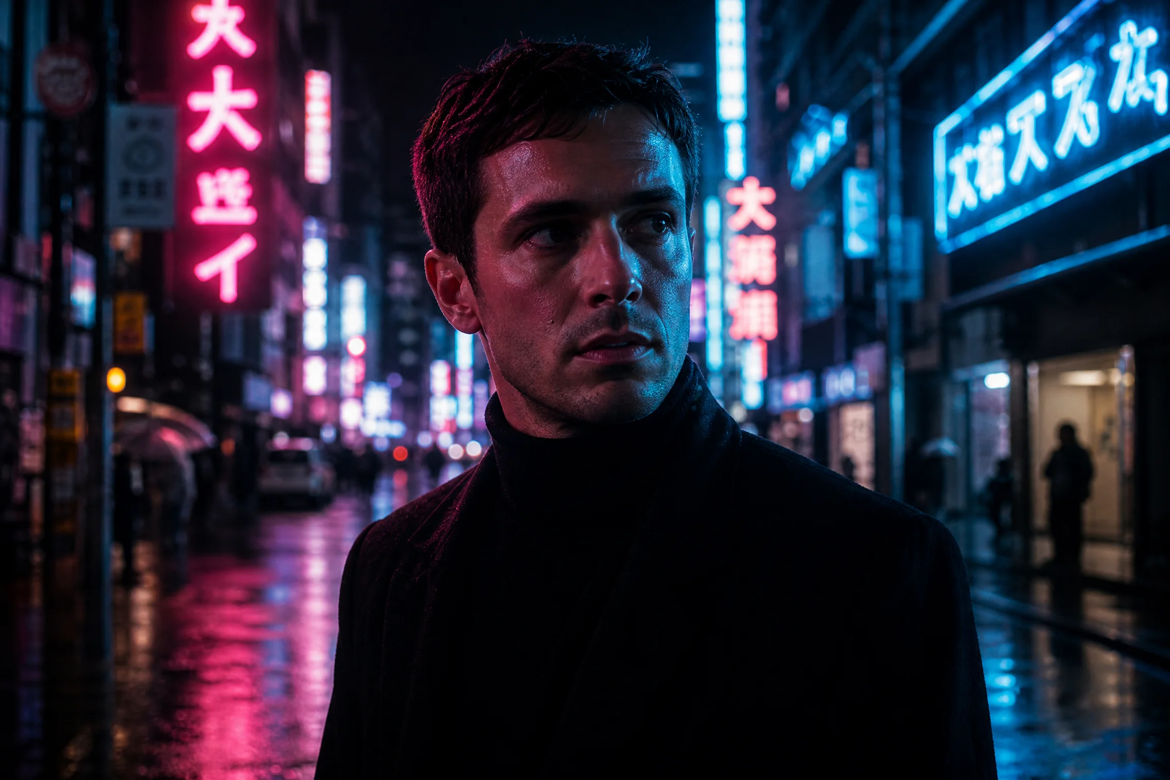 Before and after comparison of AI-generated neon city night portrait with cyberpunk aesthetic - after