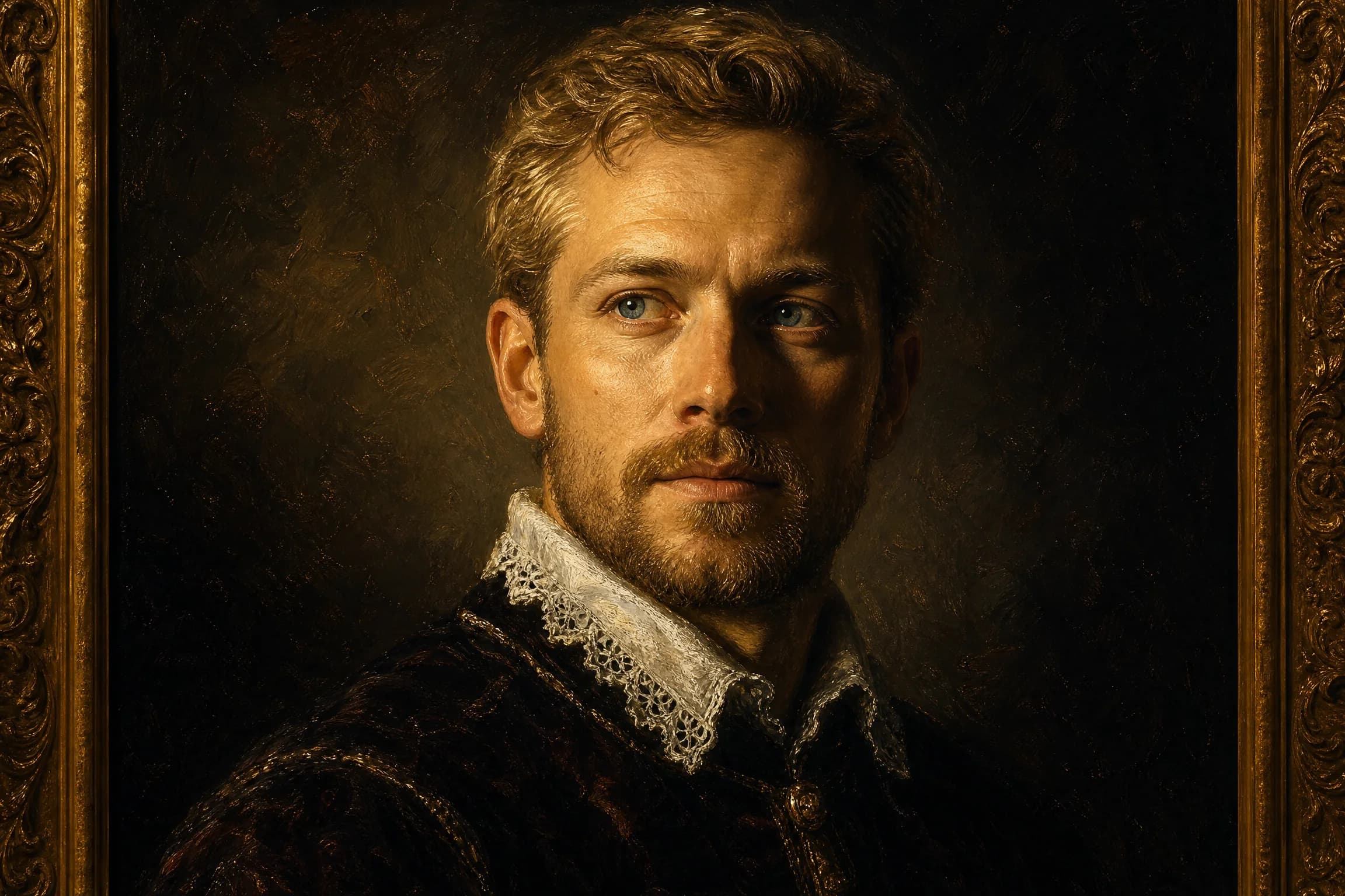Before and after comparison of classical oil painting style portrait transformation preserving identity - after