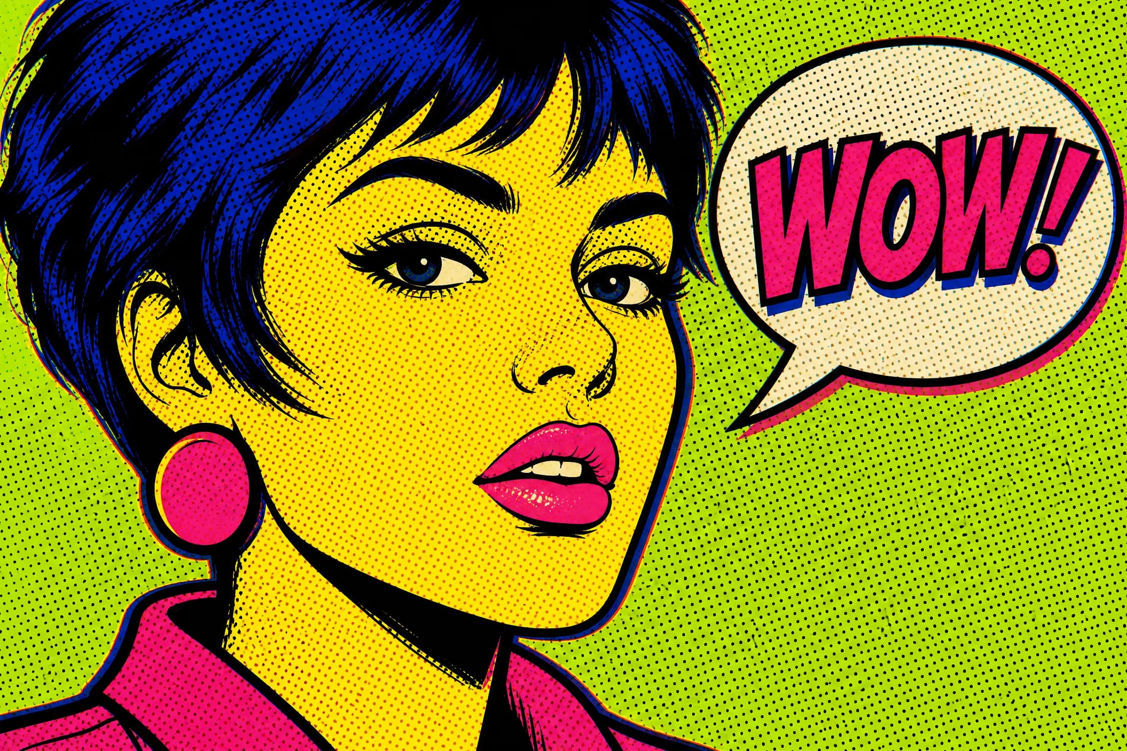 Before and after comparison of pop art portrait with halftone dots, bold outlines, and vibrant unnatural colors - after