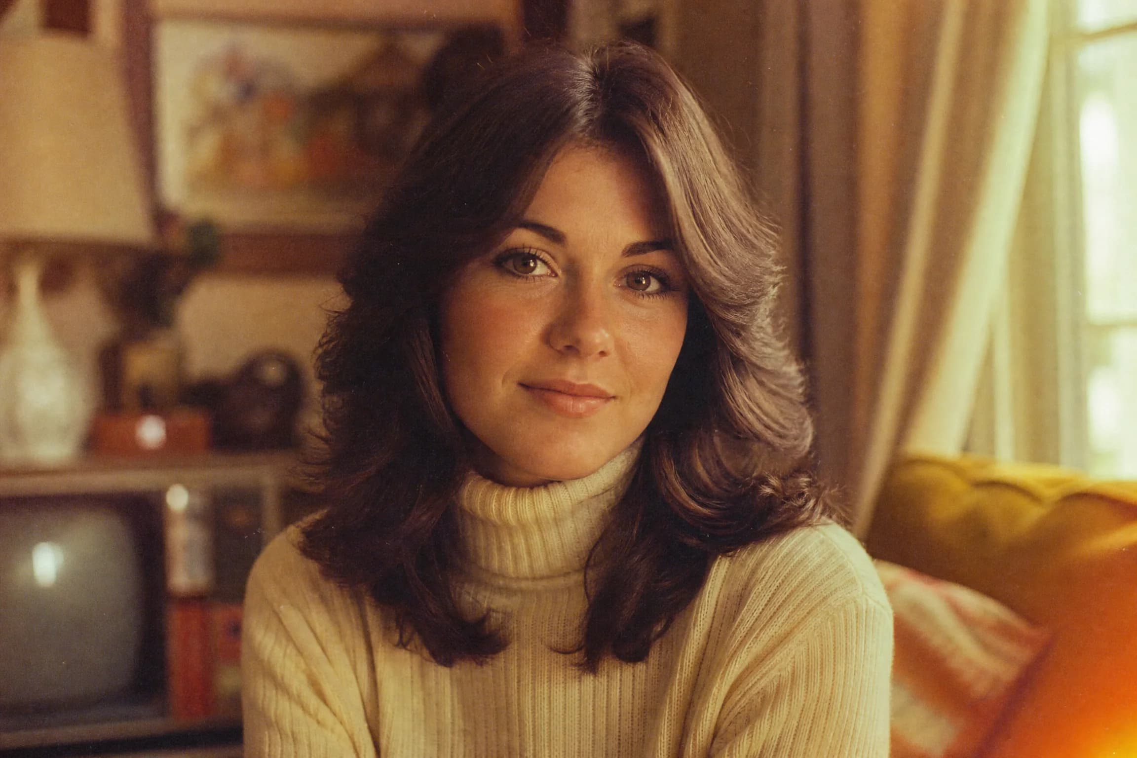 Before and after comparison of vintage 70s film portrait with warm faded analog aesthetic - after