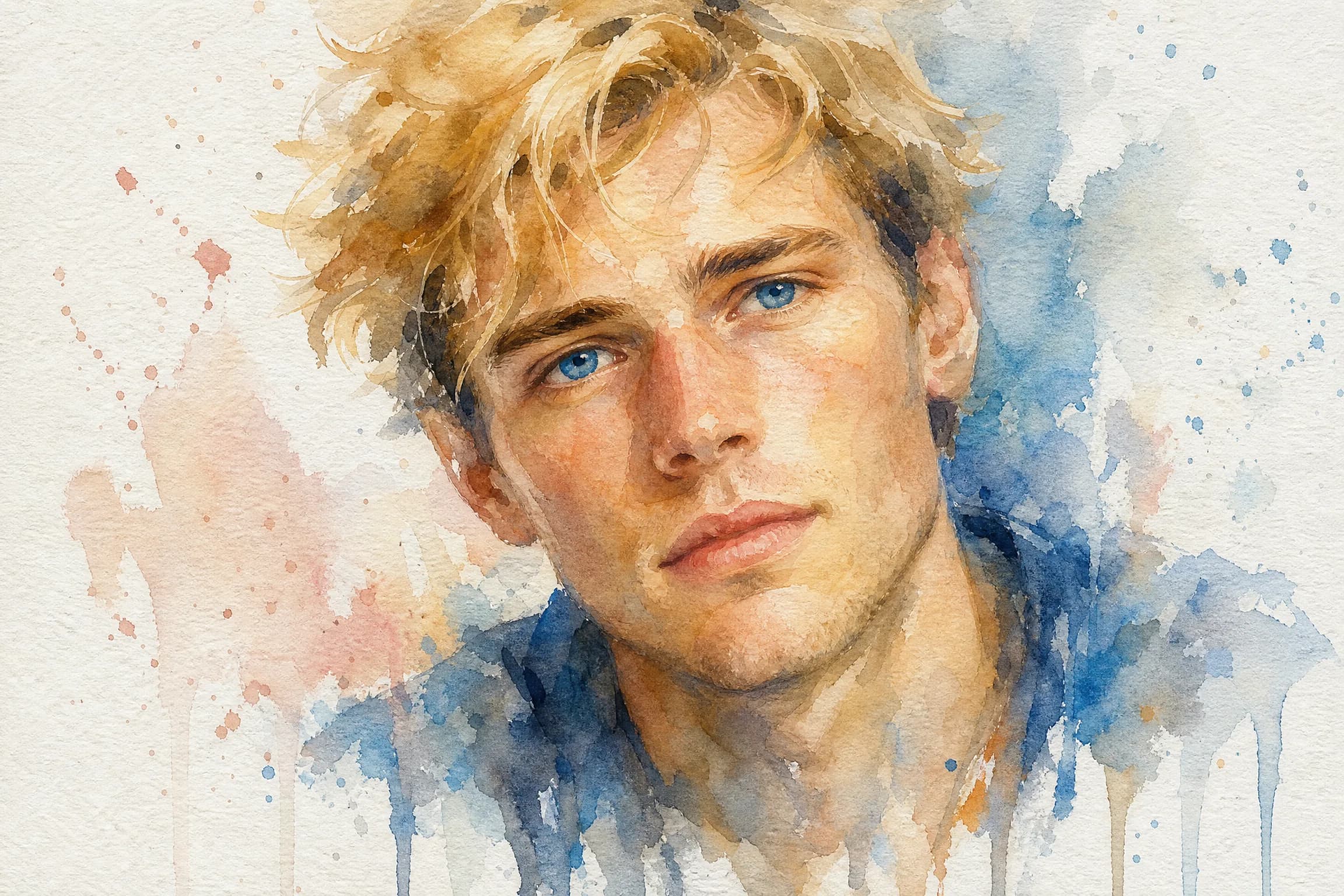 Before and after comparison of watercolor painting style portrait with bleeding pigments and paper texture - after