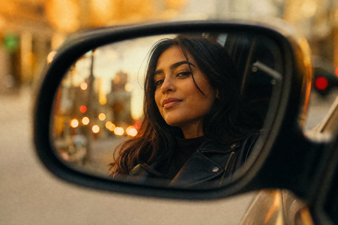 Before and after comparison of AI-generated car mirror selfie portrait using cinematic prompt - after